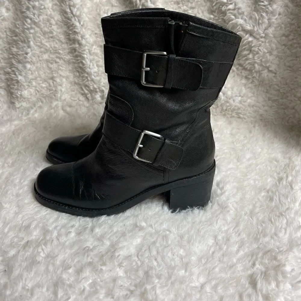 Sam Edelman Biker Boots Troy Moto Black Leather Silver Buckle Block Heel SZ10.5M